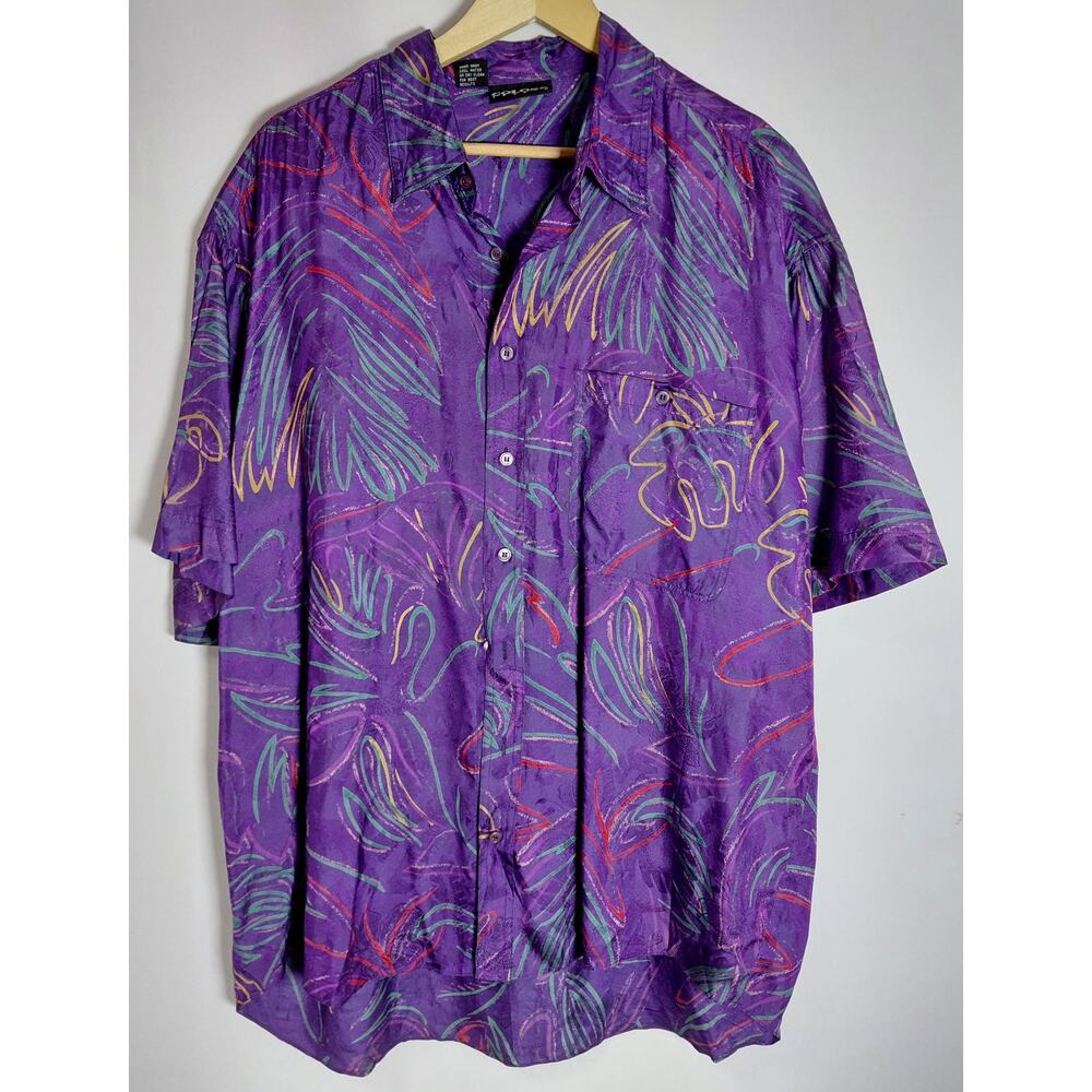 COLORE ITALIA Silk Purple Short Sleeve Shirt Graphic Print Collared Men Size XL